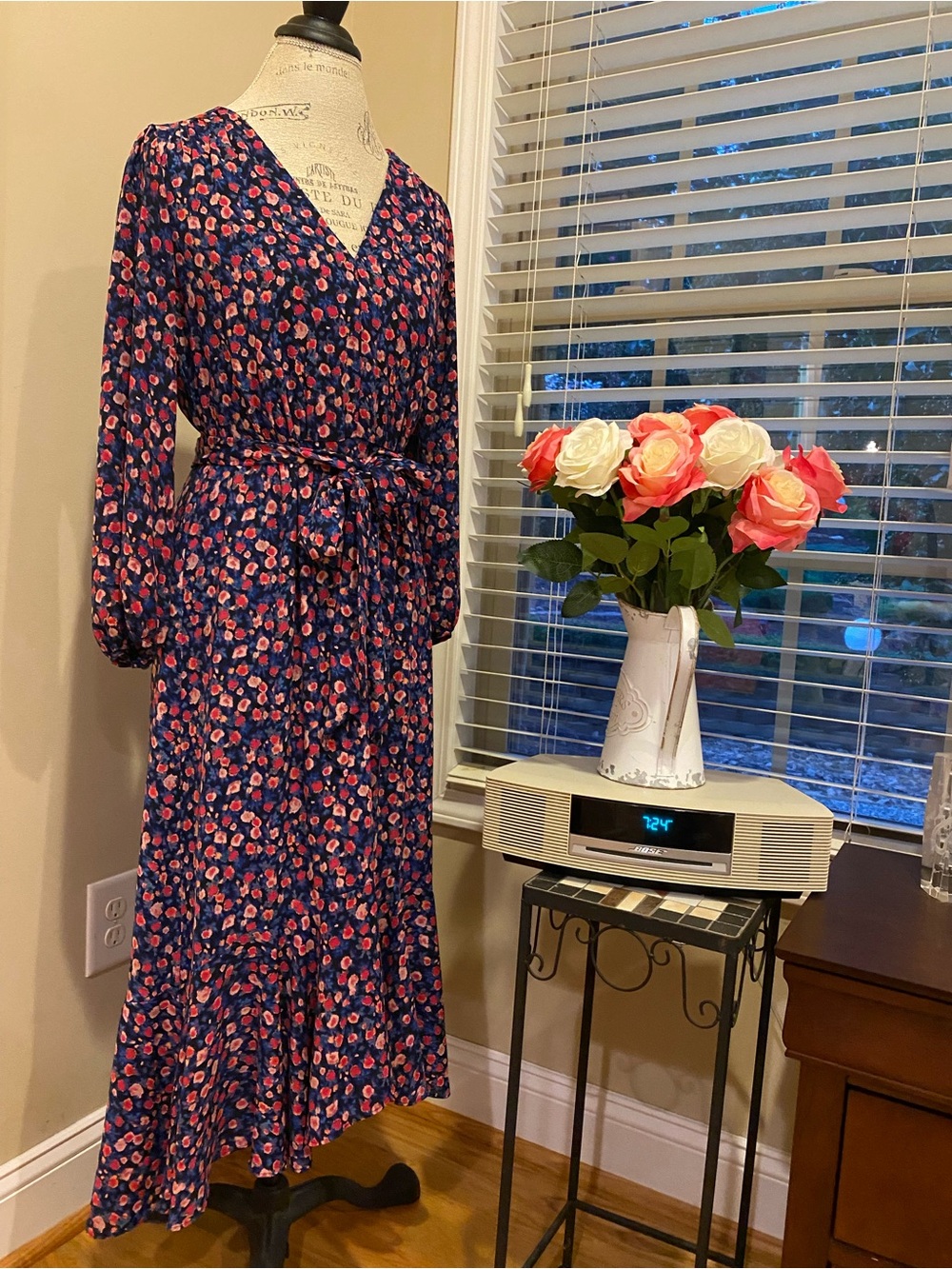 J. Crew Navy Floral Wrap Maxi Dress with Pink Accents - Picture 2 of 4